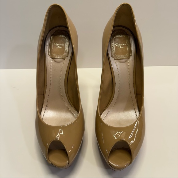Dior Shoes - Christian Dior Nude Patent Leather Peep Toe Platform Heels CD Logo Size 39.5